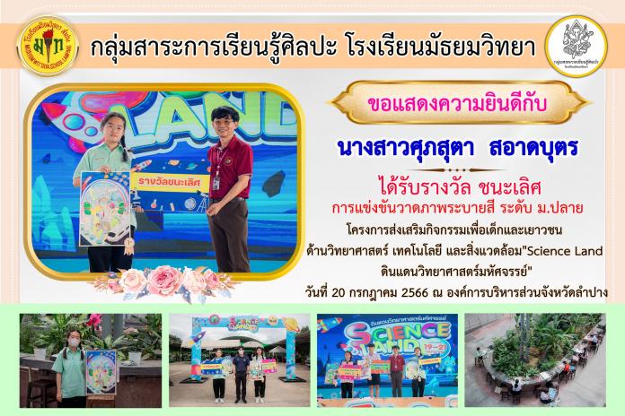 ขอแสดงความยินดี กับนักเรียนที่ได้รับรางวัลการแข่งขันวาดภาพระบายสี ในโครงการส่งเสริมกิจกรรมเพื่อเด็กและเยาวชน ด้านวิทยาศาสตร์ เทคโนโลยี และสิ่งแวดล้อม"Science Land ดินแดนวิทยาศาสตร์มหัศจรรย์"